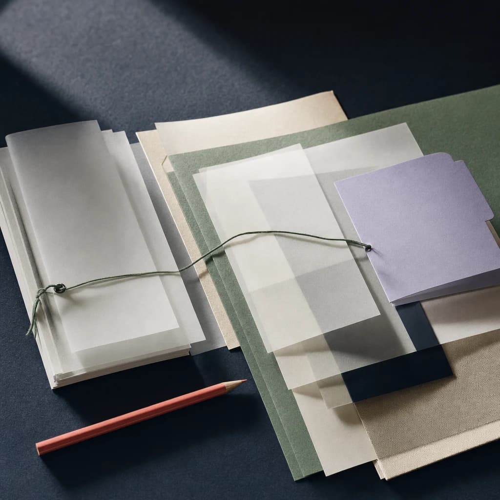 Layered paper, a lavender folder, and a coral pencil on a midnight surface